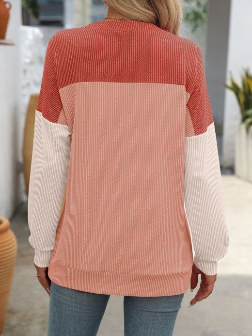 Round Neck Twist Strip  Long Sleeve Loose T-shirt For Women