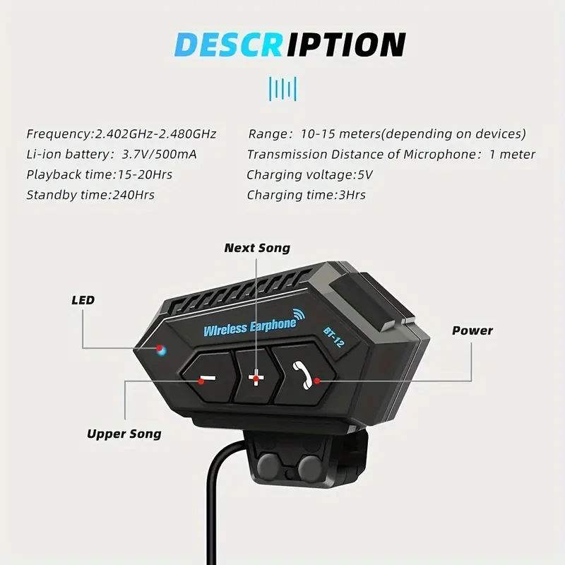 Wireless Motorcycle Helmet Headset  Hands-Free Call & Music Player