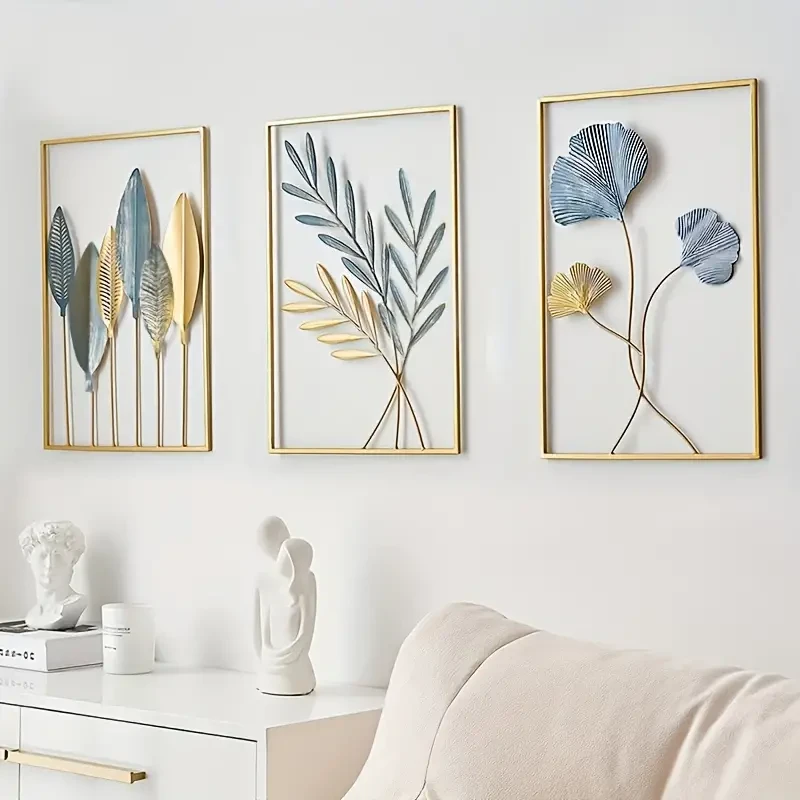 3pcs/set Minimalist Metal Wall Decor - 0.23'' Thick Modern Metal Leaves Mural Ornaments, Wall Hanging Art Sticker for Sofa, Porch, Living Room, Bedroom, Office