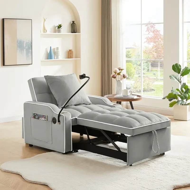 3 in 1 Convertible Sleeper Sofa Chair Bed with Adjustable Backrest, Phone Holder, and USB Type-C - Black