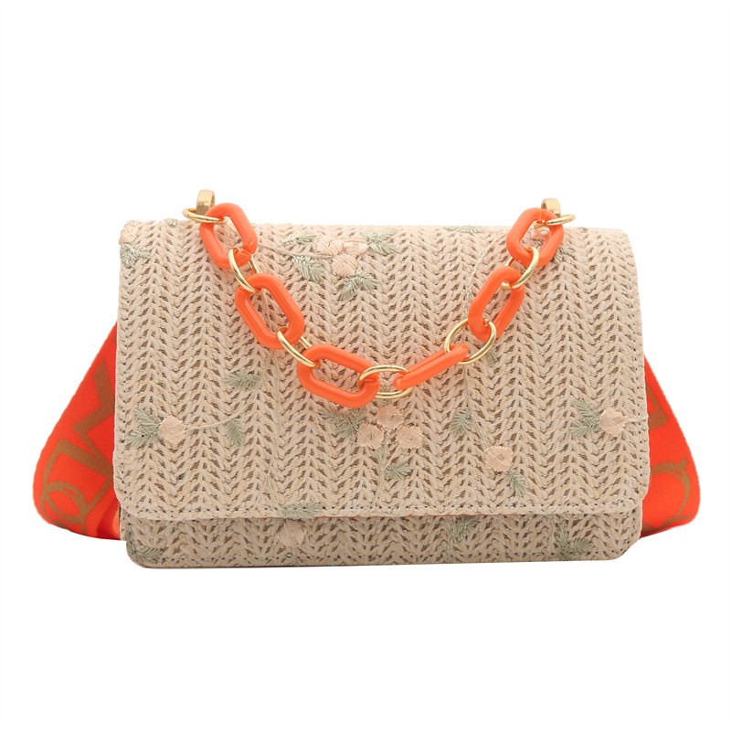 Straw Square Bag with Acrylic Chain