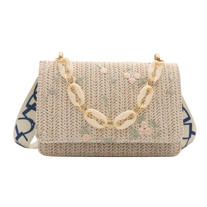 Straw Square Bag with Acrylic Chain