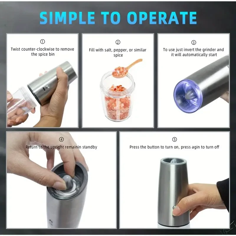 USB Rechargeable Salt and Pepper Grinder Set - Electric Mill with Adjustable Coarseness and LED Light