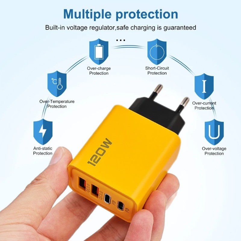 4-Port 120W USB-C PD Charger - Quick Charge QC3.0 Adapter