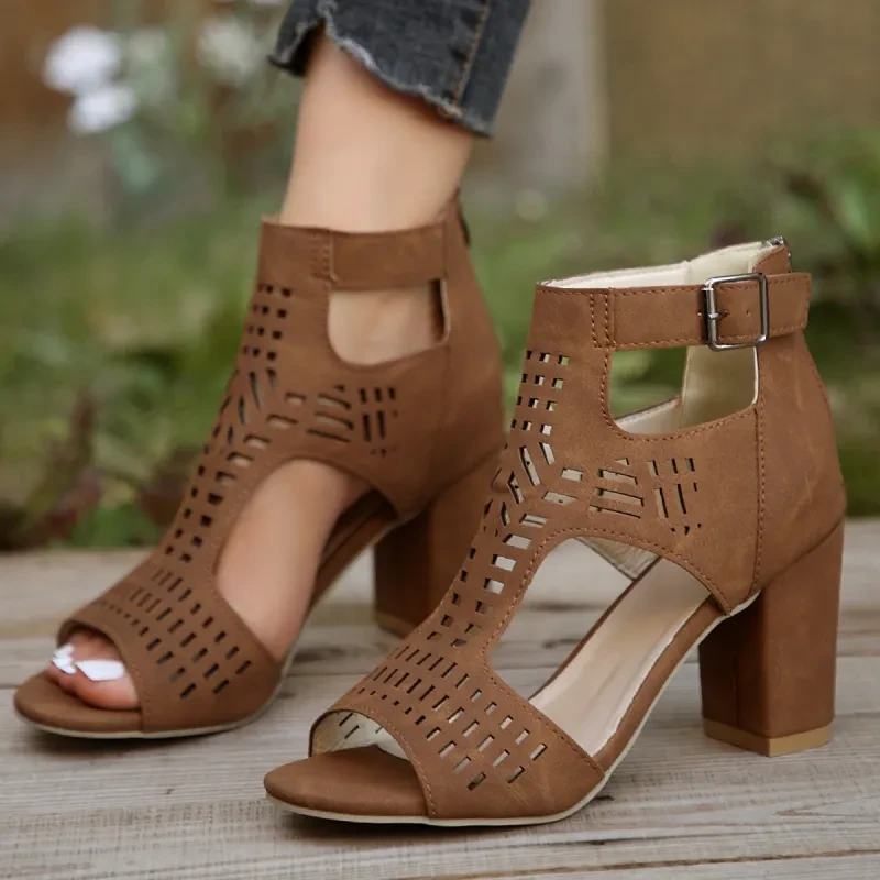 New High Square Heel Hollow Roman Shoes With Back Zipper For Women