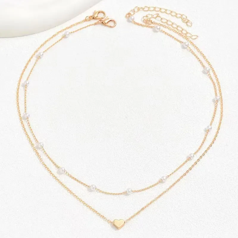 Double Layer Twin Pearl Heart Necklace