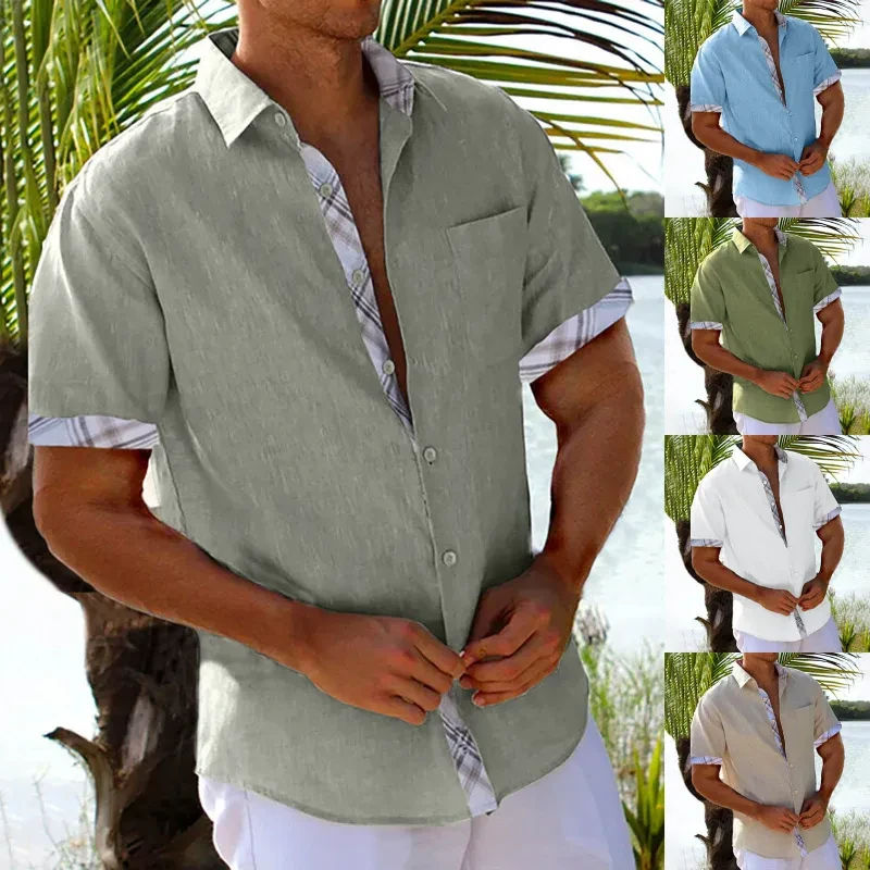 Short Sleeve Shirts With Plaid Side Men Clothing