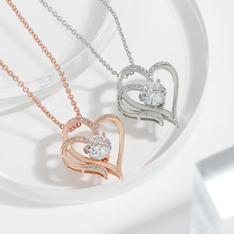 Zircon Double Love Necklace With Rhinestones Jewelry For Women