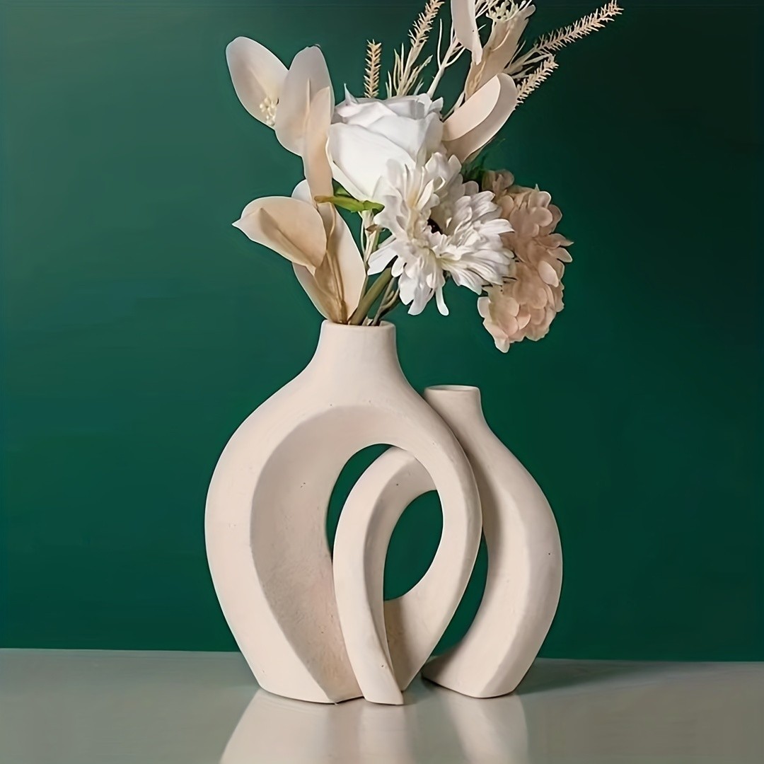 Hollow Nordic Modern Ceramic Vase Set of 2 - Modern Boho Hollow Flower Vases for Living Room and Bookshelf