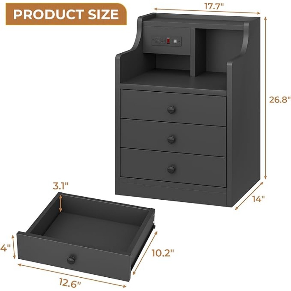 Black Nightstand with Charging Station - 3 Drawers Wood Sofa End Side Table with USB Ports and Outlet