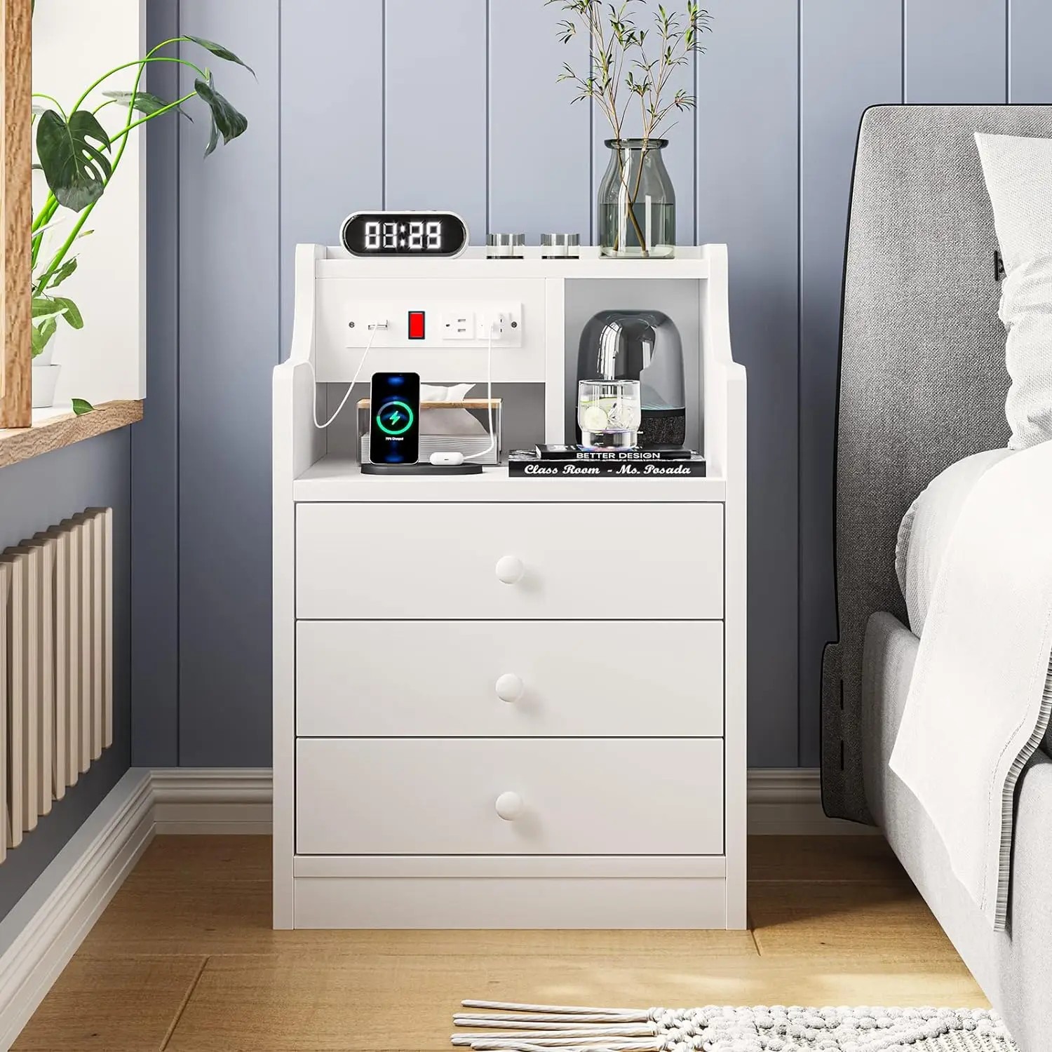 Black Nightstand with Charging Station - 3 Drawers Wood Sofa End Side Table with USB Ports and Outlet