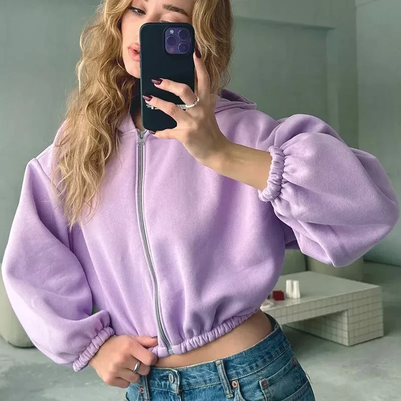 Casual Solid Color Hooded Short Jacket Y2K Fashion Sports Sweatshirt Long Sleeve Zip Up Cardigan Hoodies