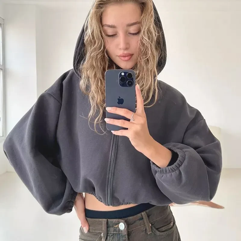 Casual Solid Color Hooded Short Jacket Y2K Fashion Sports Sweatshirt Long Sleeve Zip Up Cardigan Hoodies