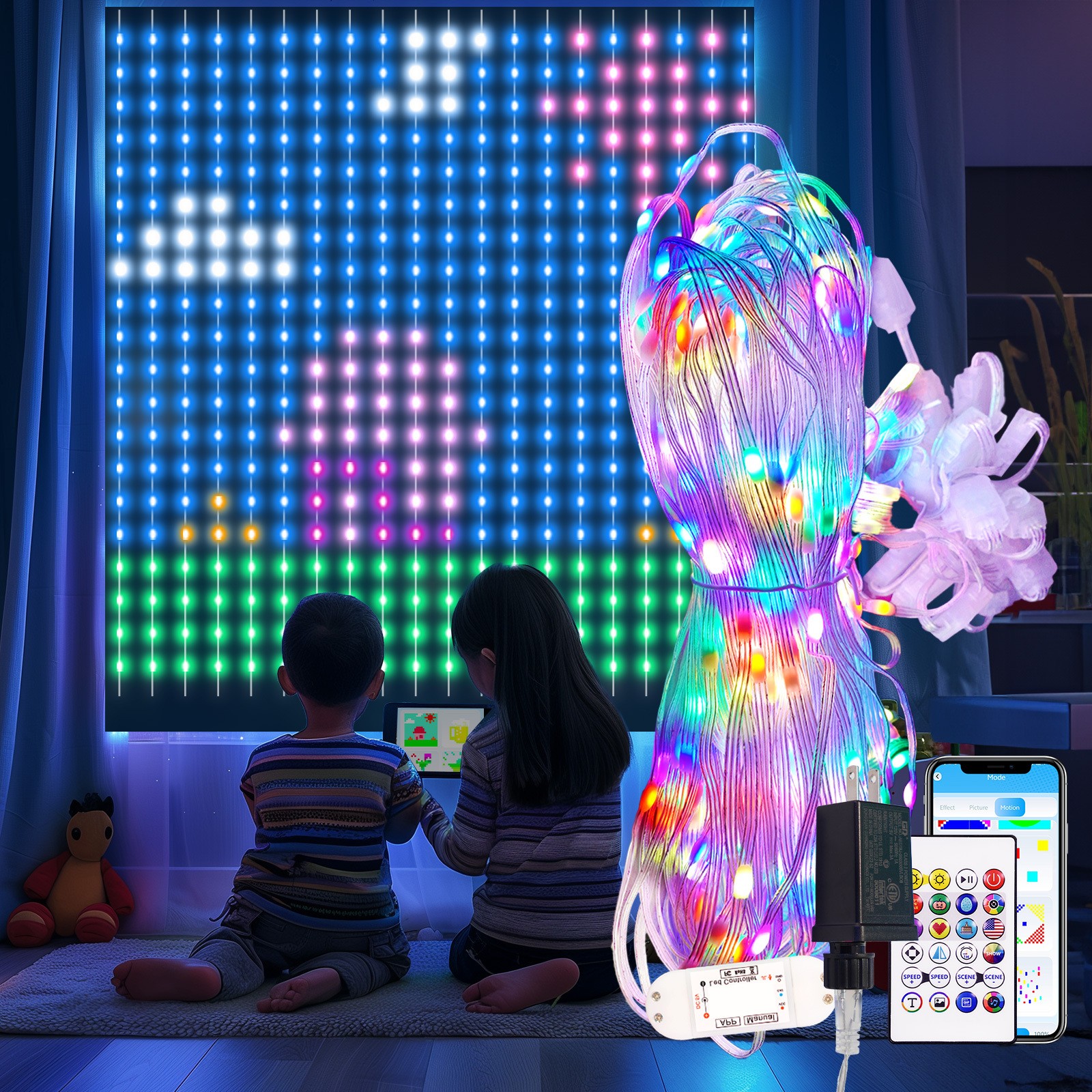 6.6x6.6ft Smart Window Light RGB-IC Dynamic LED Curtain String Light for Indoor and Outdoor Use, Perfect for Halloween, Christmas, and Valentines Day