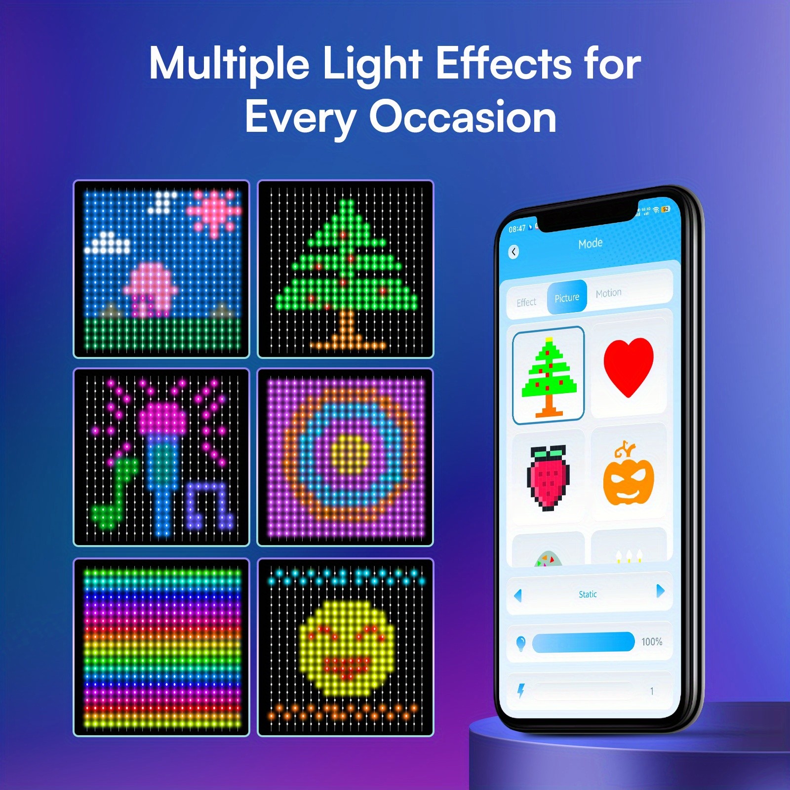 6.6x6.6ft Smart Window Light RGB-IC Dynamic LED Curtain String Light for Indoor and Outdoor Use, Perfect for Halloween, Christmas, and Valentines Day