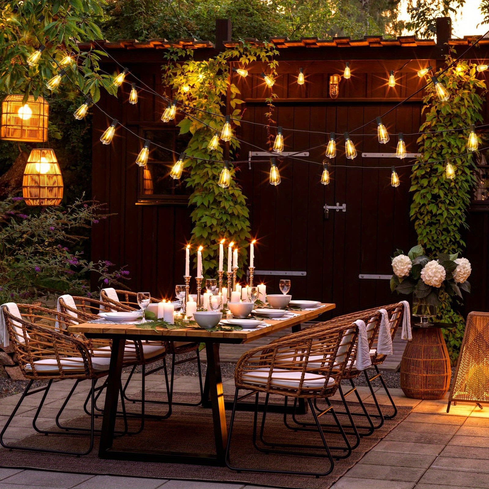 50FT Outdoor String Lights  LED Garden String Lights with Shatterproof ST38 Solar Retro Bulbs, Waterproof, Exterior Pendant Lights for Porch, Backyard, Cafe, Balcony, Bistro
