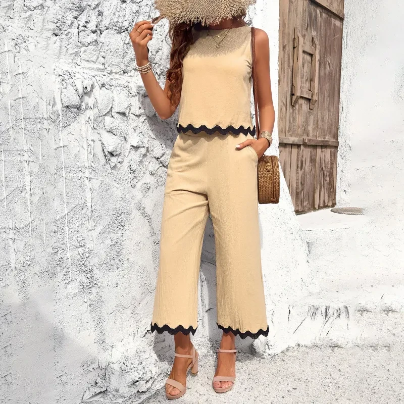 Summer Wave Print Sleeveless Top and Trousers Set