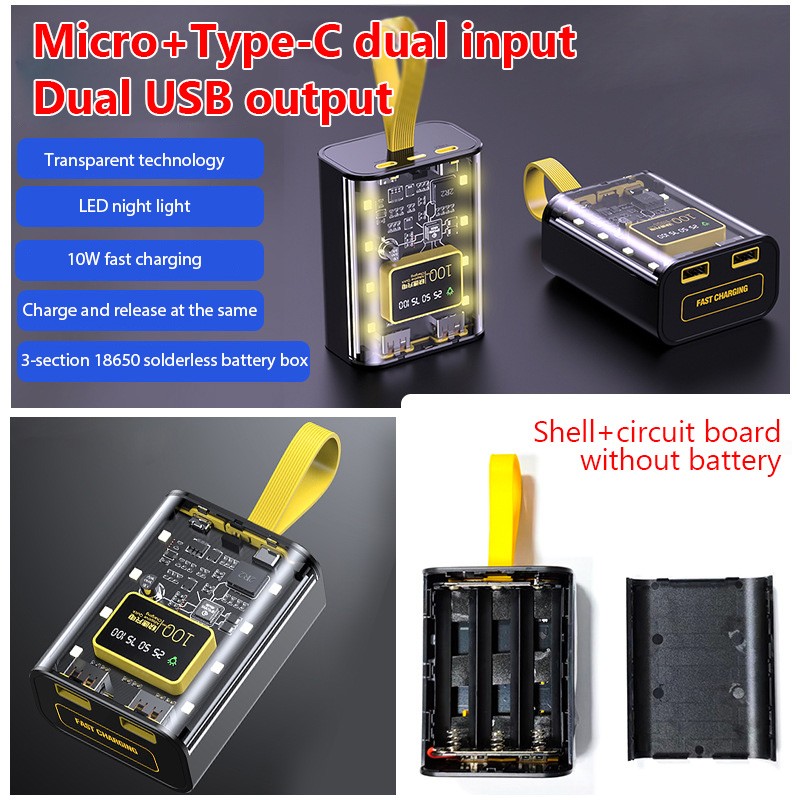 3*18650 Battery Charger Case - DIY Power Bank Box with Fast Charge, Double USB Output, and LED Night Light