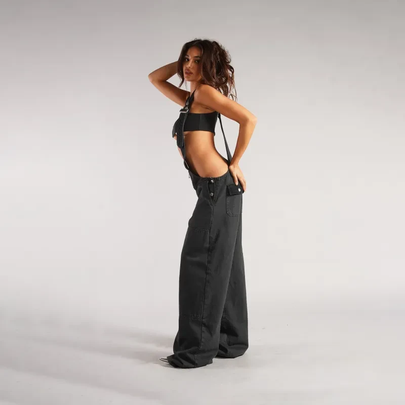 Y2K Denim Overalls With Pockets Fashion Loose Jumpsuit Streetwear Zipper Jeans Pants