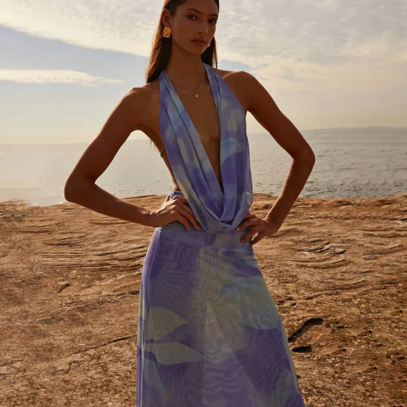 2pcs Tie Dye Printing Deep V-neck Suits Fashion Halter Backless Long Dresses For Beach Party
