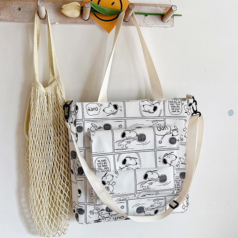 MINISO Snoopy Cartoon Print Tote Bag Fashionable Large Capacity Casual One Shoulder Crossbody Bag, Nylon Pink Handbag