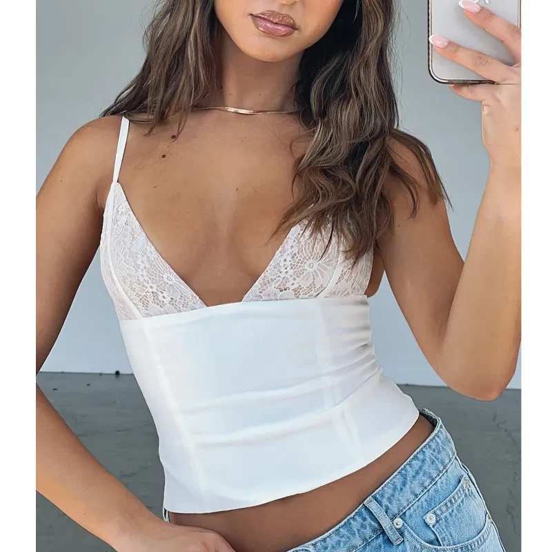 Women's V-neck Camisole Lace Vest With Back Zipper Sleeveless Tops