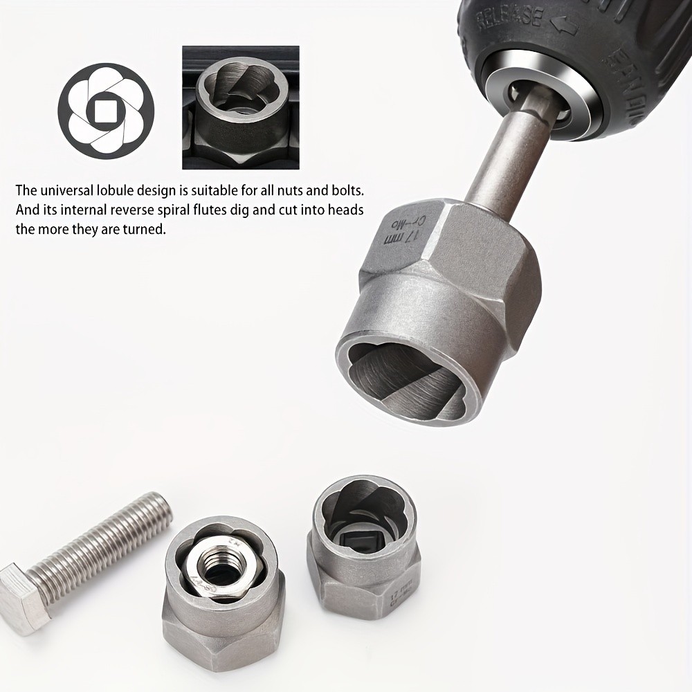 15pcs Nut Extractor Set, 13pcs Bolt and Nut Remover Kit, 1pc Iron Bar, 1pc 1/4'' to 3/8'' Drive Hexagonal Socket Adapter