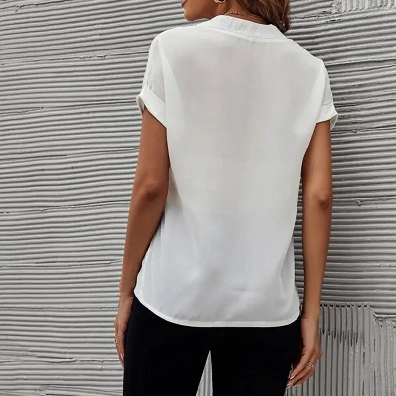 Women's Short-sleeved V-neck Shirt Summer Casual Solid Color Shirt