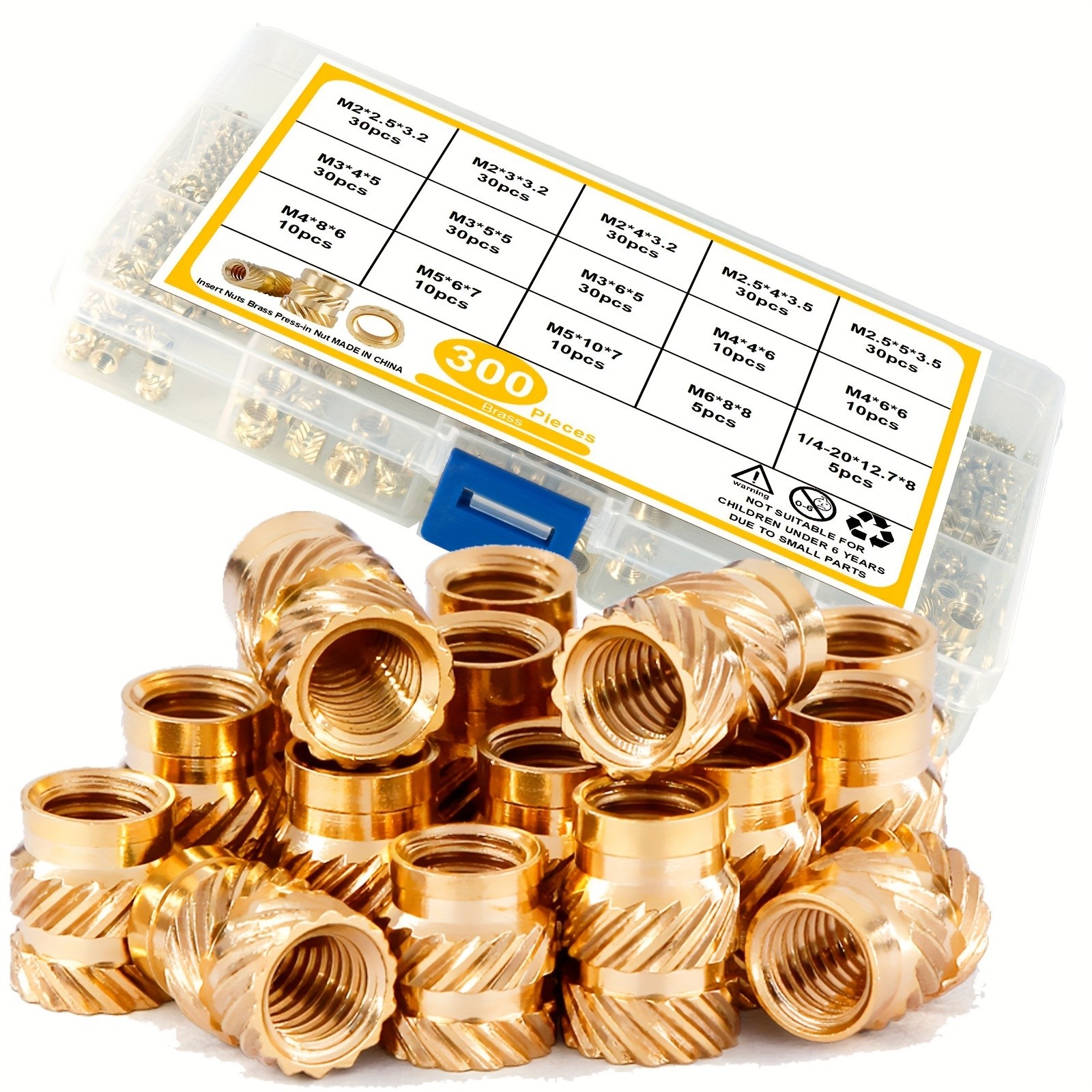 300pcs Brass Threaded Inserts for 3D Printer Parts  Heat Set Screw Inserts, Knurled Thread Embedment Nuts, Multisize Assortment Kit for Plastic Cylinder Shapes, Uncharged - Without Battery
