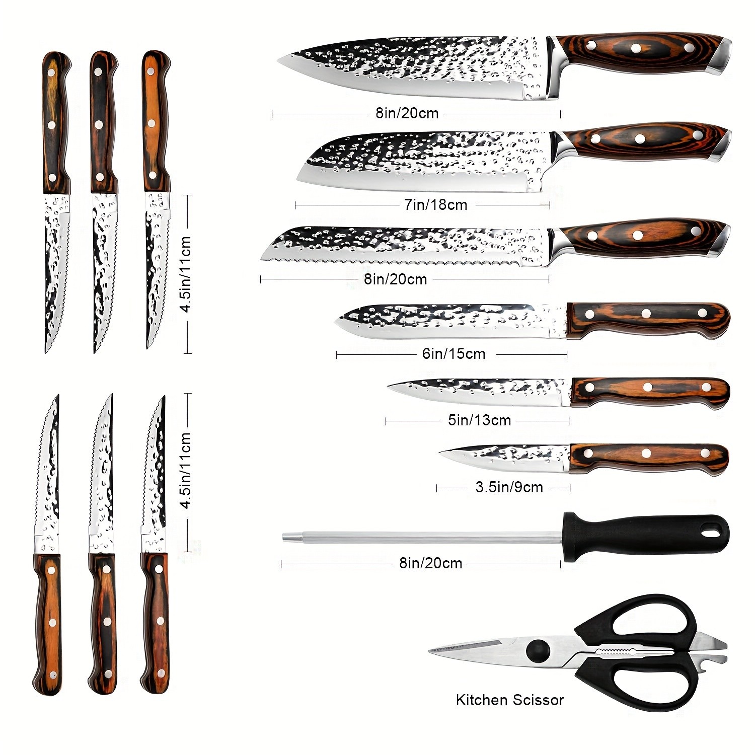 15-Piece Kitchen Knife Set with Wooden Block Self-Sharpening Chef Knife Set, High Carbon Japanese Stainless Steel, Hammered Collection, Includes Steak Knives, Boxed Knife Set