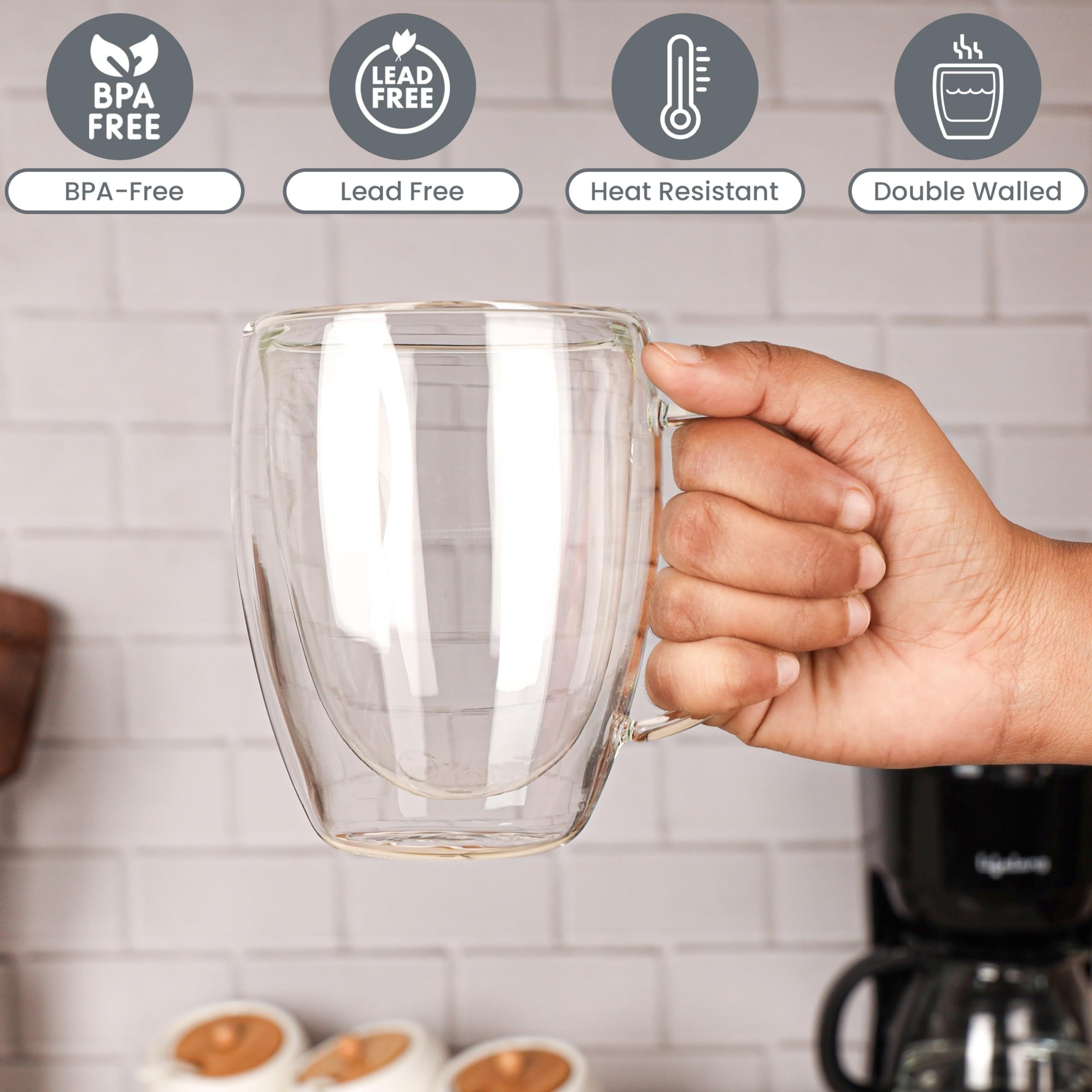 6pcs Double Walled Glass Cups with Spoons Clear Espresso Coffee Tea Mugs, Insulated Heat-Resistant Beverage Cups, 350ml/12oz, Perfect for Coffee, Tea, Cappuccino & Lattes, Drinkware for Restaurants and Cafes