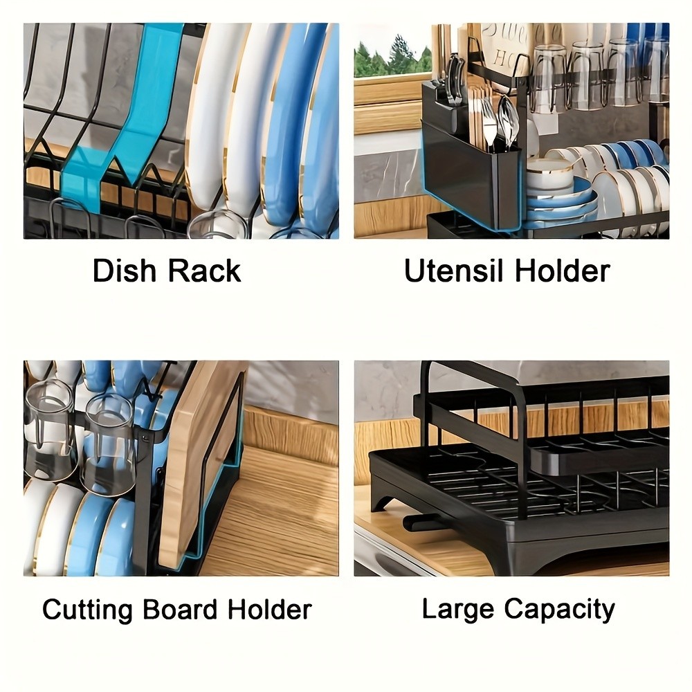 2-Tier Dish Rack with Utensil Holder  Rustproof Kitchen Dish Drying Rack with Drainboard for Kitchen Countertop