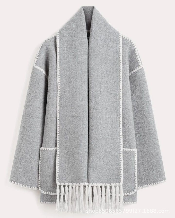 Warm and Stylish Women's Woolen Coat with Tassel Scarf